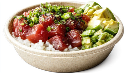 A delicious take-out poke bowl filled with fresh tuna, avocado, and rice, isolated on a white background.の素材