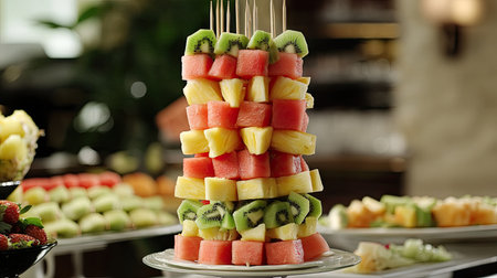 A colorful fruit skewer tower placed on a buffet table, featuring watermelon, kiwi, and pineapple pieces.の素材