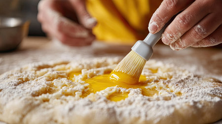 A close-up of hands of a pastry chef gently brushing egg yolk over uncooked bread dough with a silicone brush.の素材
