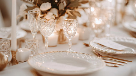 A festive table setting with elegant white plates, crystal glasses, and gold accents, surrounded by soft candlelight.の素材