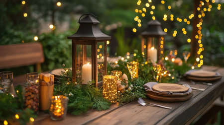 A festive outdoor table setting with lanterns, fairy lights, and rustic wooden decor surrounded by greenery.の素材