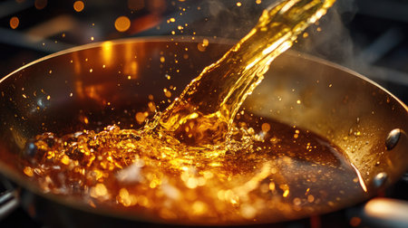 A close-up of oil splashing gently into a hot frying pan, with the stovetop burners glowing.の素材