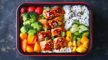 A colorful Japanese bento lunch box featuring rice, teriyaki chicken, veggies, and a small portion of fruit.の素材