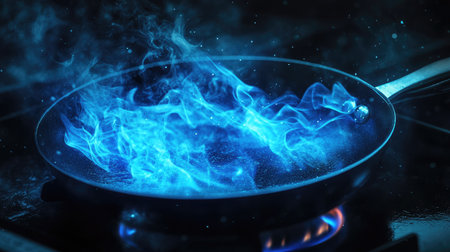 A close-up of a frying pan sizzling on a gas stove burner with blue flames, ready for cooking.の素材