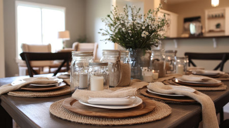 A farmhouse-style table decorated with burlap runners, mason jar centerpieces, and wooden chargers.の素材