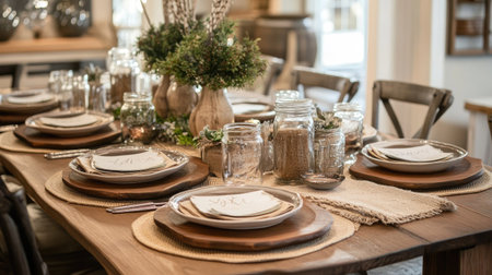 A farmhouse-style table decorated with burlap runners, mason jar centerpieces, and wooden chargers.の素材