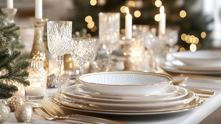 A festive table setting with elegant white plates, crystal glasses, and gold accents, surrounded by soft candlelight.の素材