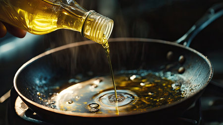 A detailed shot of a hand pouring oil from a plastic bottle into a frying pan, with a focus on the shimmering liquid.の素材