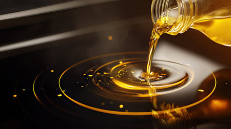 A close-up of golden cooking oil being poured from a bottle into a hot frying pan on a modern stovetop.の素材