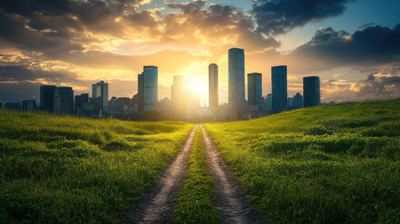 A dirt road leading to a modern office building, symbolizing the journey from humble beginnings to success.の素材