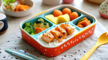 A colorful Japanese bento box filled with rice, teriyaki salmon, and small side dishes of vegetables.の素材