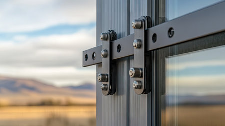 A detail shot of an aluminum door track system with smooth-gliding mechanisms and clear glass panels.の素材