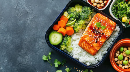 A colorful Japanese bento box filled with rice, teriyaki salmon, and small side dishes of vegetables.の素材