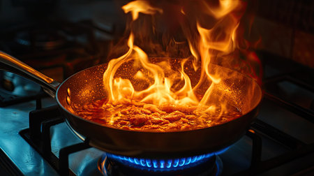 A close-up shot of a frying pan on a gas burner with flames rising and food frying inside the pan.の素材