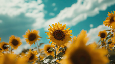 A close-up of sunflowers in full bloom, with a cloudy blue sky above creating a serene and dramatic backdrop.の素材