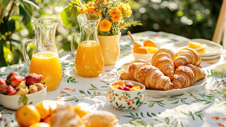 A festive brunch table decorated with orange juice carafes, croissants, and fresh fruit bowls on a cheerful tablecloth.の素材
