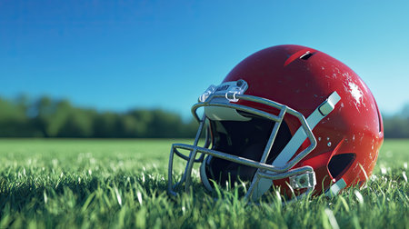 A close-up of a football helmet resting on a grassy field under a clear blue sky.の素材