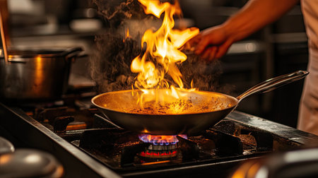 A close-up of a gas stove with a frying pan heating up, flames flickering brightly under the pan.の素材