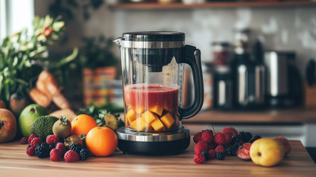 A countertop filled with fresh fruit and a blender mid-blend, with smoothie recipe books in the background.の素材