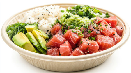 A delicious take-out poke bowl filled with fresh tuna, avocado, and rice, isolated on a white background.の素材