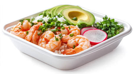 A delicious poke bowl with shrimp, rice, avocado, and radishes, served in a take-out container isolated on white.の素材