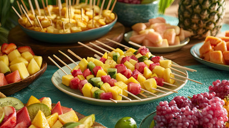 A festive buffet table with colorful fruit skewers arranged alongside other tropical-themed party treats.の素材