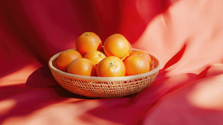 A minimalist setup featuring a rattan basket with oranges, surrounded by subtle red and gold accentsの素材