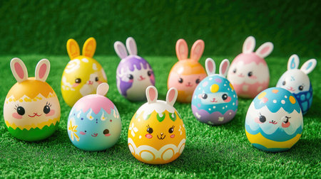 A group of brightly painted Easter eggs with cute bunny faces and vibrant designs placed on a grassy green backgroundの素材