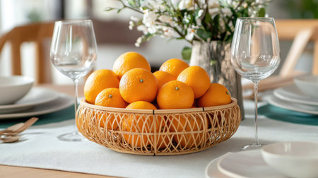 A modern Chinese New Year setup with a rattan basket of oranges as a centerpiece, accented by minimalist decorationsの素材