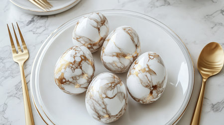 A group of marble-patterned Easter eggs placed elegantly on a white plate with golden cutlery nearbyの素材
