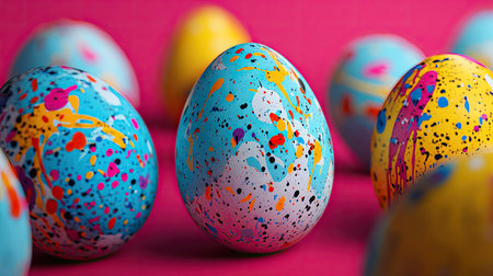 A modern take on Easter eggs, featuring bold, abstract splatter designs against a contrasting backgroundの素材