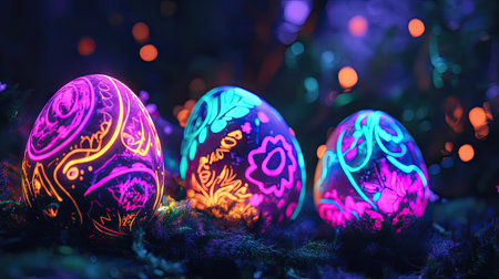 A magical Easter setting with glow-in-the-dark eggs painted with neon designs against a dark backgroundの素材