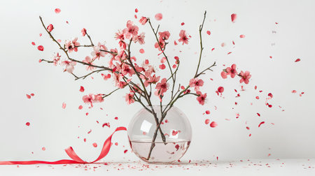 A minimalist celebration with peach blossoms in a clear glass vase, accented by red ribbons and simple festive decorationsの素材