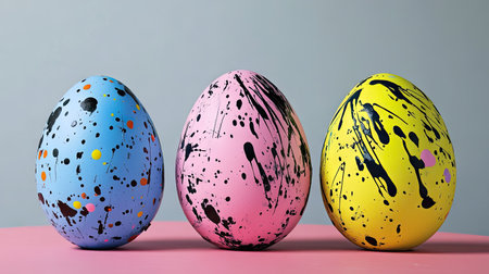 A modern take on Easter eggs, featuring bold, abstract splatter designs against a contrasting backgroundの素材