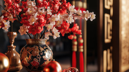 A luxurious Chinese New Year setup with gold ornaments, red flowers, and an ornate vase filled with blooming cherry blossomsの素材