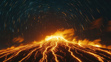 A long-exposure shot of glowing lava trails descending from an active volcano under the stars at nightの素材