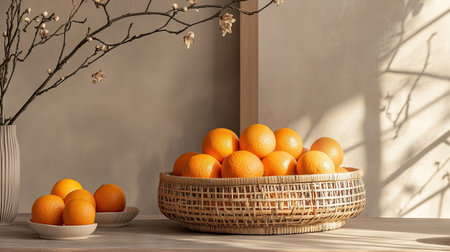 A modern Chinese New Year setup with a rattan basket of oranges as a centerpiece, accented by minimalist decorationsの素材