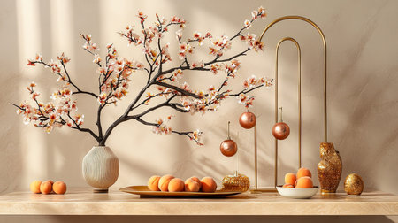 A modern Chinese New Year display featuring peach blossoms on a minimalist table with golden accents and festive ornamentsの素材