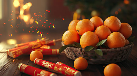 A traditional scene with oranges in a rattan basket, paired with firecrackers and red couplets on a festive tableの素材
