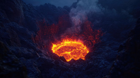 A mesmerizing shot of a glowing lava lake at the top of a volcano, surrounded by dark, rocky landscapes at nightの素材