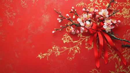 A pair of blooming peach branches tied with red ribbons, displayed on a vibrant red background with golden calligraphyの素材