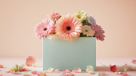 A pastel-colored gift box topped with vibrant gerbera and delicate carnations, set against a neutral background with scattered petalsの素材