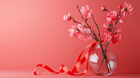 A minimalist celebration with peach blossoms in a clear glass vase, accented by red ribbons and simple festive decorationsの素材