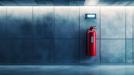 A modern fire extinguisher mounted on a sleek gray wall in a commercial building, with an emergency light above itの素材