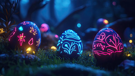 A magical Easter setting with glow-in-the-dark eggs painted with neon designs against a dark backgroundの素材