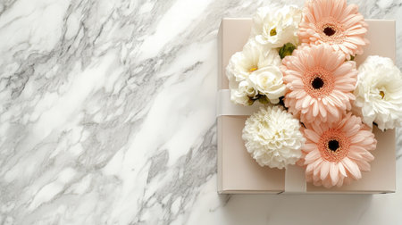 A luxury gift box in neutral tones, accented with fresh gerbera and carnation blooms, placed elegantly on a marble backgroundの素材