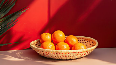 A minimalist setup featuring a rattan basket with oranges, surrounded by subtle red and gold accentsの素材