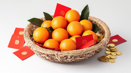 A rattan basket filled with fresh oranges, adorned with red envelopes and gold coins, symbolizing prosperity for Chinese New Yearの素材