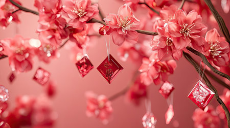 Close-up of blooming peach branches with pink flowers and hanging red envelopes, symbolizing good fortune for the new yearの素材