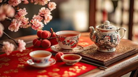 A traditional tea table with peach blossoms, tea sets, and symbolic Chinese New Year decor creating a serene festive vibeの素材